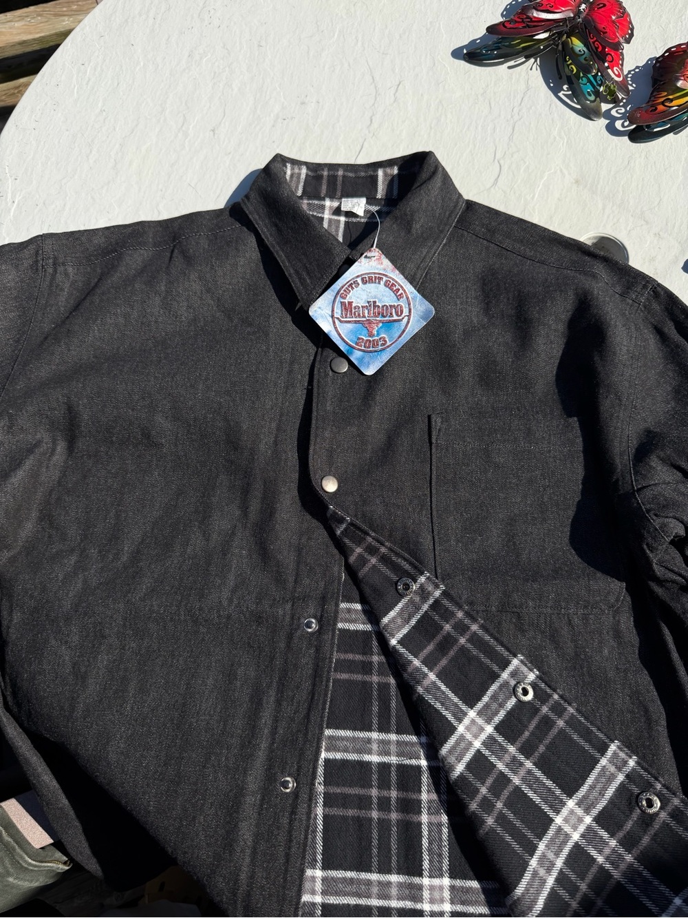 Marlboro Black Lightweight Shacket with Black & White Plaid Lining size L